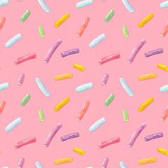 Watercolor seamless pattern with many decorative sprinkles isolated on pink background.