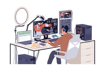 Gamer streaming while playing virtual computer game. Streamer player broadcasting video online at PC with professional setup and accessories. Flat vector illustration isolated on white background