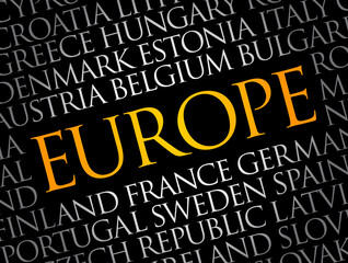 List of cities in Europe word cloud collage, travel concept background
