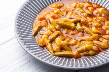 Bamya, Turkish traditional food. (Turkish cuisine) Homemade Food Okra in Plate. Organic Food.
