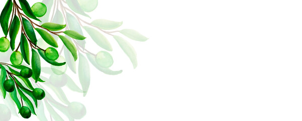 Background, banner made of  black, green olives.green twigs.Top and bottom border, frame made of  plants and  leaves,watercolor illustration isolated on blue background.