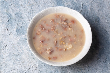 Traditional delicious Turkish food, Turkish traditional tripe soup; iskembe corbasi and offal soup, Turkish Meat Soup Kelle Paca (Turkish name; Kelle paca corbasi)