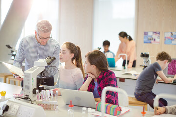 Male teacher helping girl students using microscope, conducting scientific experiment in laboratory classroom