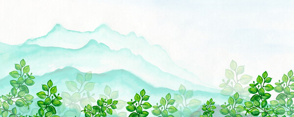 Background, banner made of green and yellow twigs. made of green twigs.Top and bottom border, frame made of  plants and  leaves,watercolor illustration isolated on blue background.