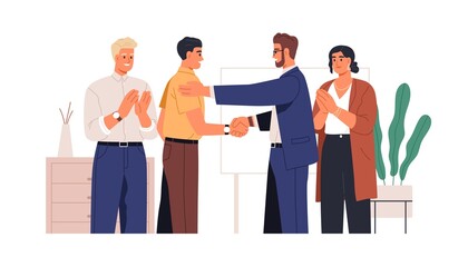 People congratulating colleague with success at work. Boss handshaking happy employee with respect, business team applauding at office meeting. Flat vector illustration isolated on white background