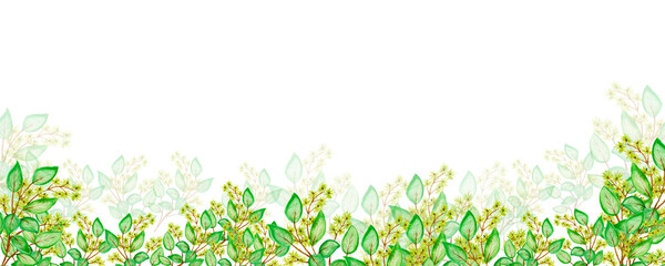 Obraz na płótnie Canvas Background, banner made of green and yellow twigs. made of green twigs.Top and bottom border, frame made of plants and leaves,watercolor illustration isolated on blue background.