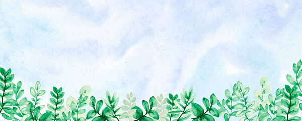 Background, banner made of green and yellow twigs. made of green twigs.Top and bottom border, frame made of  plants and  leaves,watercolor illustration isolated on blue background.
