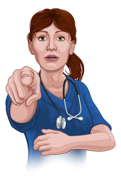 Doctor or Nurse Woman in Scrubs Uniform Pointing