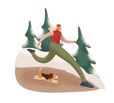 Woman runner jogging with dog in winter forest. Jogger running outdoors in cold weather with snow. Person in sportswear training in nature. Flat vector illustration isolated on white background
