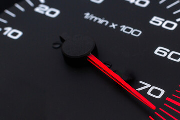 Dashboard with speedometer, tachometer, odometer. Car detailing. Car dashboard. Dashboard details with indication lamps.Car instrument panel.Modern interior.Close up shot.