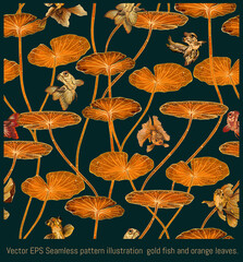 Seamless pattern golden fish swiming with lotus leaves.