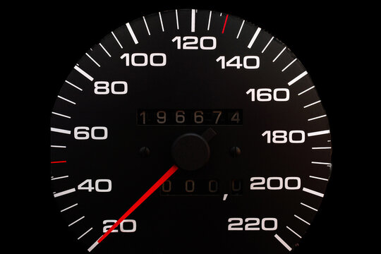 Speedometer in a car. Car dashboard. Dashboard details with indication lamps.Car instrument panel. Dashboard with speedometerCar detailing. Modern interior.Closeup.Copy space.