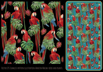 Seamless patterns green winged macaw birds and tropical leaves. © NPD stock