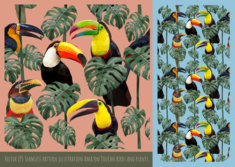 Seamless pattern colorful toucan birds. - obrazy, fototapety, plakaty