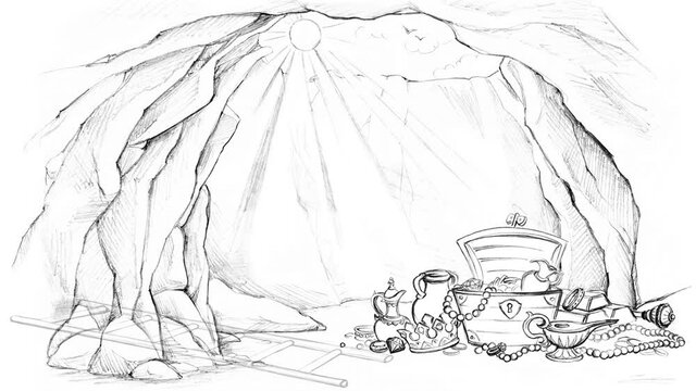 Dark day night view rock cliff tunnel think up trap fall sad block vs way exit scene. Sun moon sky hide lost old rich jewel gem pearl crown prey priz cash goal idea retro mind joy fairy tale dream art