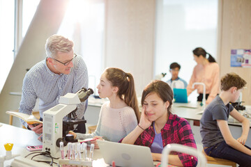 Male teacher helping girl students using microscope, conducting scientific experiment in laboratory classroom