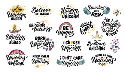 Hand sketched unicorn illustration with lettering typography quotes. Motivational quotes concept for children t-shirt print. Unicorn logotype, badge, icon. Unicorn logo, banner, flyer