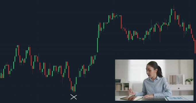 Asia woman vlog trader tutor look at laptop screen live teach on video camera media talk show and share advice in stock chart graph data learn online class. Happy office remote work consult plan job.