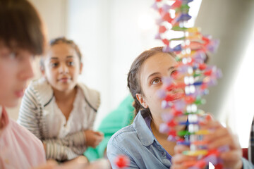Students examining DNA model in classroom laboratory