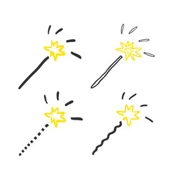 Set of creative magic wand stars or sparklers with bright yellow flash. Doodle sketch line style, hand drawing. Isolated object on a white background. Vector illustration - 455911039