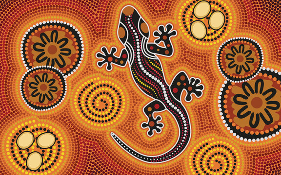 Aboriginal dot art background with lizard