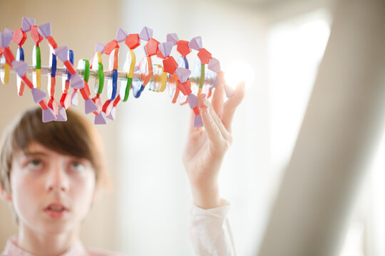 Boy student examining DNA model in classroom