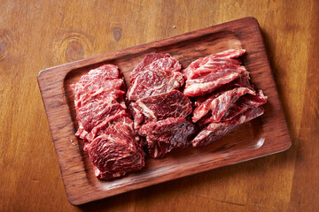 Various cuts of raw beef on a cutting board