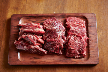 Various cuts of raw beef on a cutting board