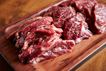 Various cuts of raw beef on a cutting board