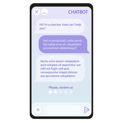 Chat bot window on smartphone screen. User interface of application with online dialogue. Conversation with a robot assistant