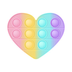 Pop it a fashionable silicon toy for fidgets. Addictive anti-stress heart toy in pastel colors. Bubble sensory developing popit for kids fingers. Vector illustration isolated on a white background.