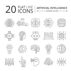 Artificial intelligence and machine learning line icon set. Simple thin outline pictogram collection. AI concept. Innovative robotic technology elements. Cpu,cloud. Editable stroke vector illustration