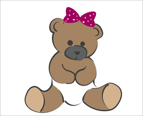 Baby girl bear sitting on white background