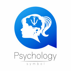 Modern logo Kid Girl head and letter Psi inside brain in Circle . Logotype sign of Psychology. Profile Human. Blue color isolated on white. Creative style. Symbol in vector. Design concept.