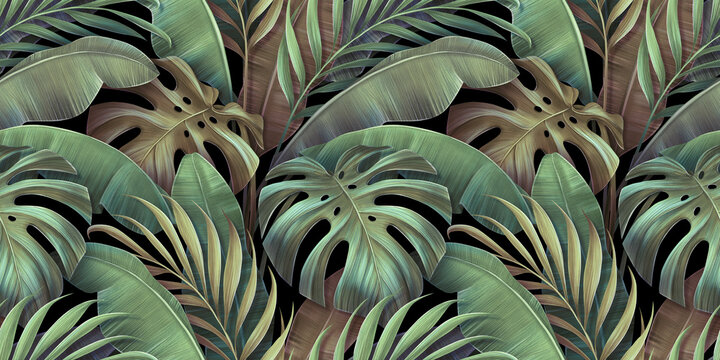 Tropical seamless pattern with beautiful monstera, palm, banana leaves. Hand-drawn vintage 3D illustration. Glamorous exotic abstract background. Good for luxury wallpapers, cloth, fabric printing © alenarbuz