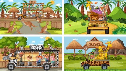 Four different zoo scenes with kids and animals
