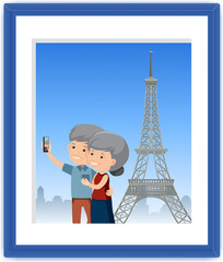 A picture of old couple take a selfie with Eiffel tower