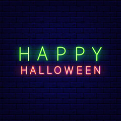 Happy Halloween neon sign. Holiday greeting card. Night bright signboard. Editable stroke. Isolated vector illustration