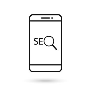 Mobile phone flat design icon with SEO, search engine optimization algorithm sign.