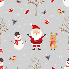 Christmas seamless pattern with Santa Claus and friends happy on winter background