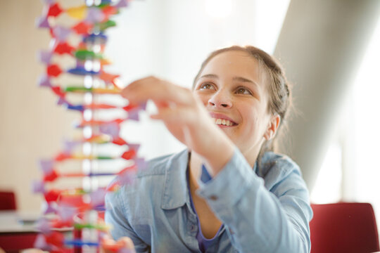 Curious girl student examining DNA model in classroom