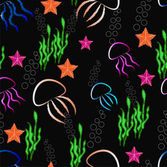 seamless pattern jelly fish with star fish ,bublbe seaweed
