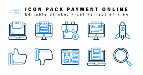 Icon Set of Payment Online Two Color Icons. Contains such Icons as Rocket, Dislike, Like, E Commerce etc. Editable Stroke. 64 x 64 Pixel Perfect
