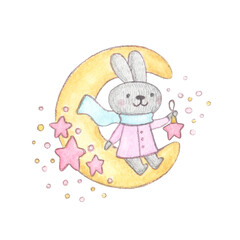 Watercolor character - cute bunny sitting on the moon with christmas toy star. Kids illustration isolated on white background.