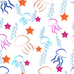 Cartoon vector jelly fish,star fish bubbles on white background