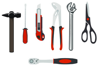 Illustrated vector tools hammer screwdriver wrench
 scissors etc