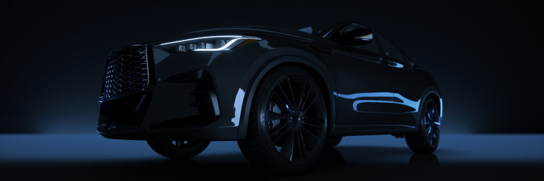 Fototapeta Sports car studio setup on a dark background. 3d rendering