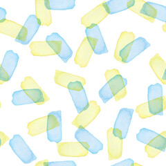 Hand Painted Brush Stroke Seamless Watercolor Pattern. Abstract Sunny Summer watercolour shapes in Yellow and Blue Color. Artistic Design for Fabric and Background