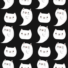 seamless pattern with white cats on black background, happy halloween