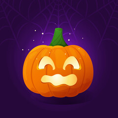Cute Halloween pumpkin with smile. Orange pumpkin with funny face on dark background with spiderweb. Cartoon carved jack o lantern for the holiday Halloween. Gourd glowing with light. 